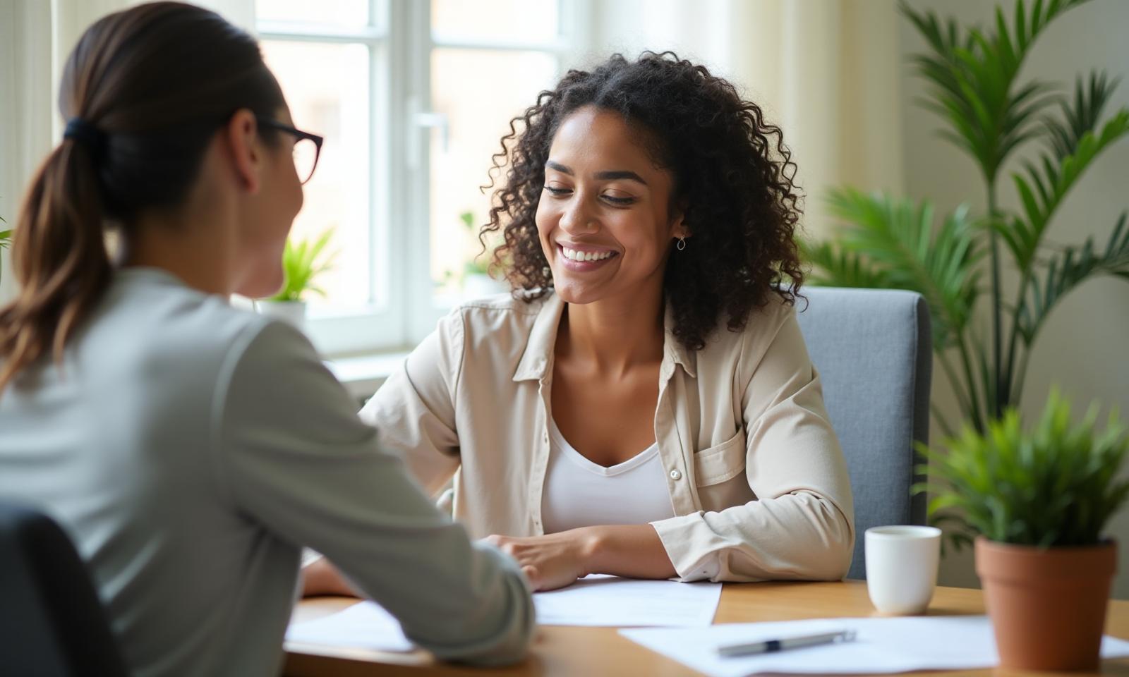 Support worker helping a participant complete forms at a cozy desk with plants