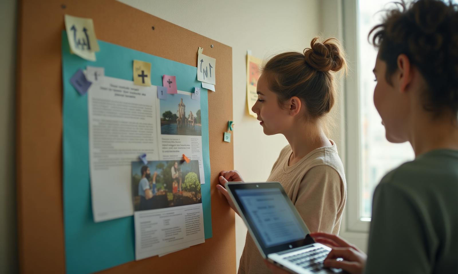 Community noticeboard and laptop with photos and calendar in soft natural light